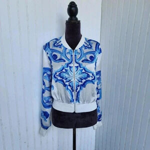 Steps New York Womens Blue White Satin Floral Bomber Jacket Blouse Full Zip Sz L